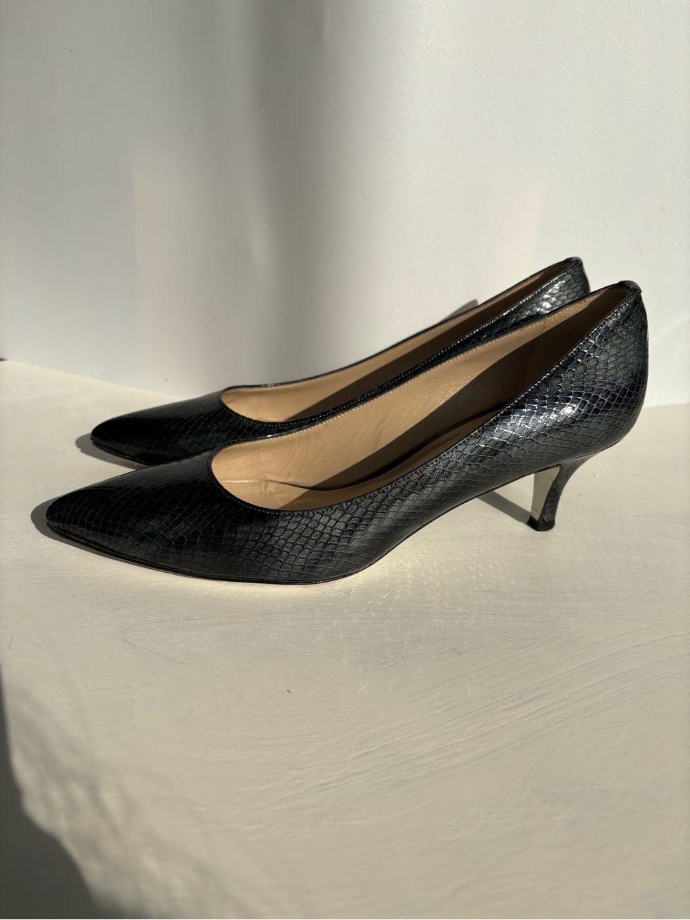 Classic Snakeskin Leather Ron White Pointed Kitten Heel Pumps Steel Grey 38.5
